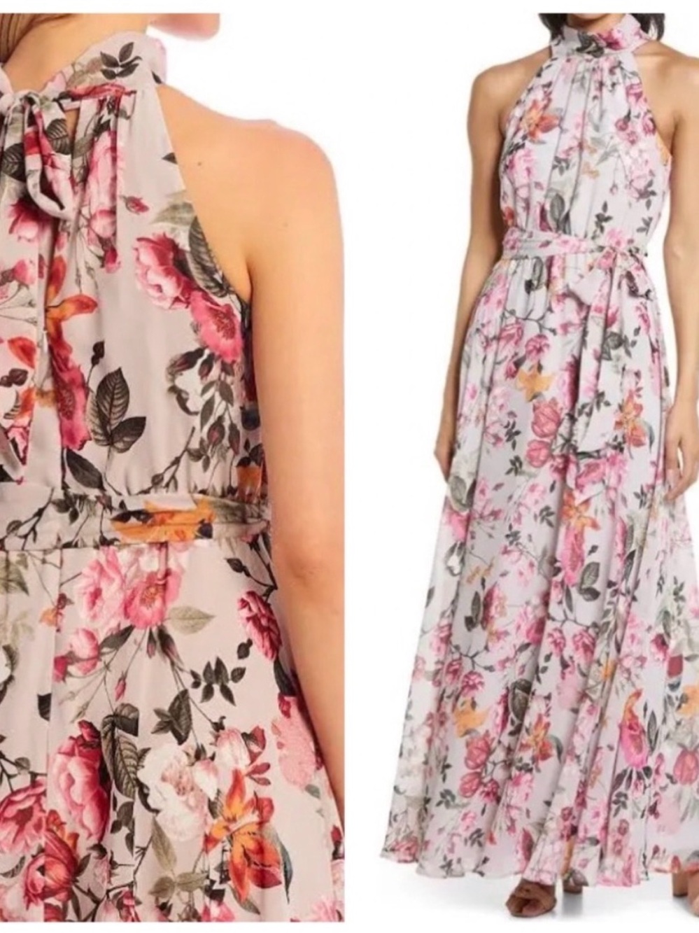 Eliza J Pink Floral Halter Tie-Waist Maxi Dress